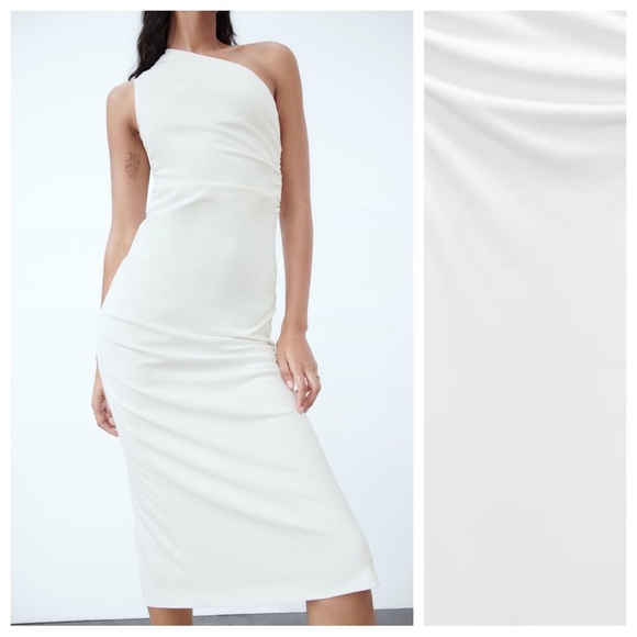 NWT. Zara White Knit Fabric Midi Dress with Asymmetric Neckline. Size XL - Picture 2 of 10